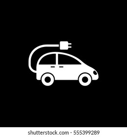 Ecology Electrical Car With Wire Flat Icon On Black Background