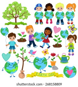 Ecology elements you can use on Earth Day. Happy children celebrate Earth Day.