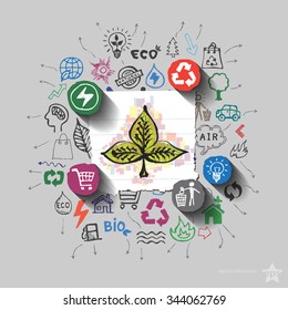 Ecology emblem. Environment collage with icons background. Vector illustration