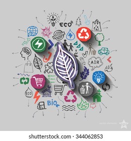 Ecology emblem. Environment collage with icons background. Vector illustration