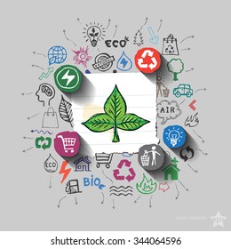 Ecology emblem. Environment collage with icons background. Vector illustration