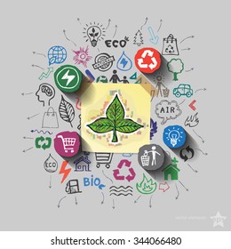 Ecology emblem. Environment collage with icons background. Vector illustration