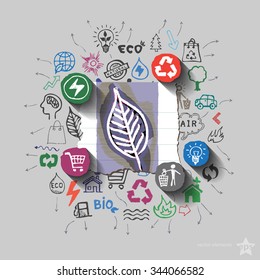 Ecology emblem. Environment collage with icons background. Vector illustration