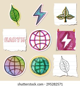 Ecology emblems set. Hand drawn and isolated. Stickers