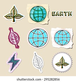 Ecology emblems set. Hand drawn and isolated. Stickers