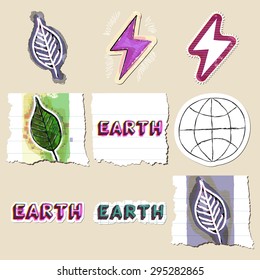 Ecology emblems set. Hand drawn and isolated. Stickers