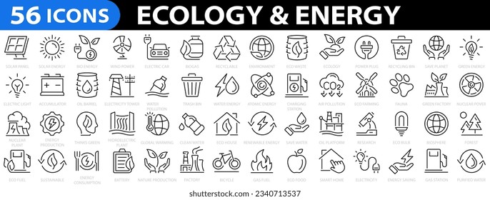 Ecology and Energy 56 icon set. Set of energy thin line icons. Environment, recycle, renewable energy, electric bike, eco-friendly, forest, wind power. Icons for renewable energy. Vector illustration