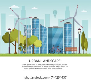 Ecology energy background vector elements illustration and environmental eco risks and pollution. City skyline urban park