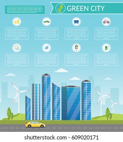 Ecology energy car infographic vector elements illustration and environmental eco risks and pollution. City life set