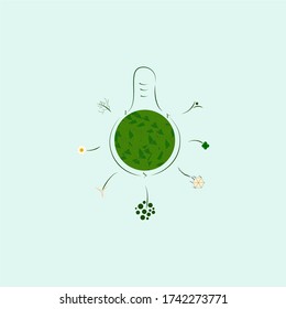 ecology and energy concept bulb illustration. flowers, wind turbine and tree like light beam, green leaves in the lamp glass. surface of glass like recycling symbol. World Enviroment Day wallpaper