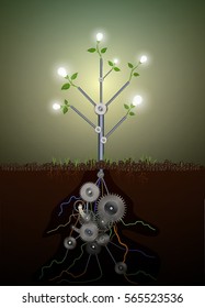 ecology energy engine idea, mechanic tree growing on soil, artificial plant growing, robot plant development, ecology machine concept