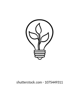 Ecology energy hand drawn vector icon. Outline doodle icon of a light bulb with plant. Sketch illustration for print, web, mobile and infographics isolated on white background.