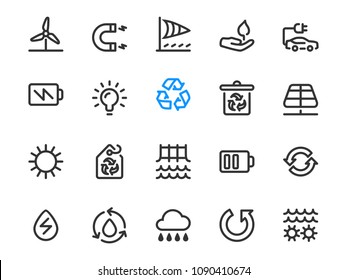 Ecology energy icon collection. Icon set of renewable energy sources as solar, water, wind power. Thin line style.