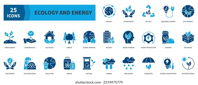 Ecology And Energy Icon Collection Set. Containing ecology, environment, recycle, renewable energy, eco-friendly, green energy, conservation Icon. Simple Flat Vector. Blue Color Style