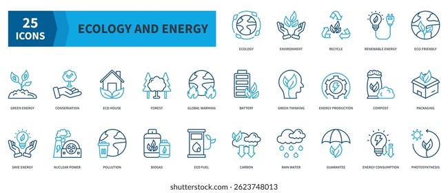 Ecology And Energy Icon Collection Set. Containing Ecology, Environment, Recycle, Renewable Energy, Eco-Friendly, Green Energy, Conservation Icon. Dualtone Outline Style