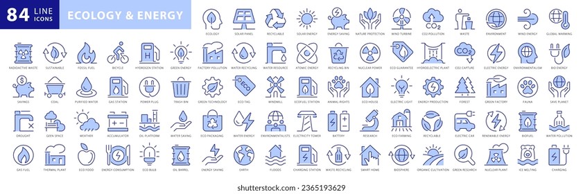 Symbol für Ökologie und Energie. Sammlung von Ökologie und Energie mit Konzepten wie erneuerbare Energien, Umwelt, Ökologie und Ökostrom. Vektorgrafik