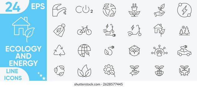 Ecology and energy icon set.renewable energy, ecology, sustainability, nature, recycle, electric bike, eco-friendly, forest, wind power, green symbol.Vector and illustrator set.