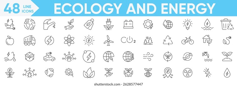 Ecology and energy icon set.renewable energy, ecology, sustainability, nature, recycle, electric bike, eco-friendly, forest, wind power, green symbol.Vector and illustrator set.