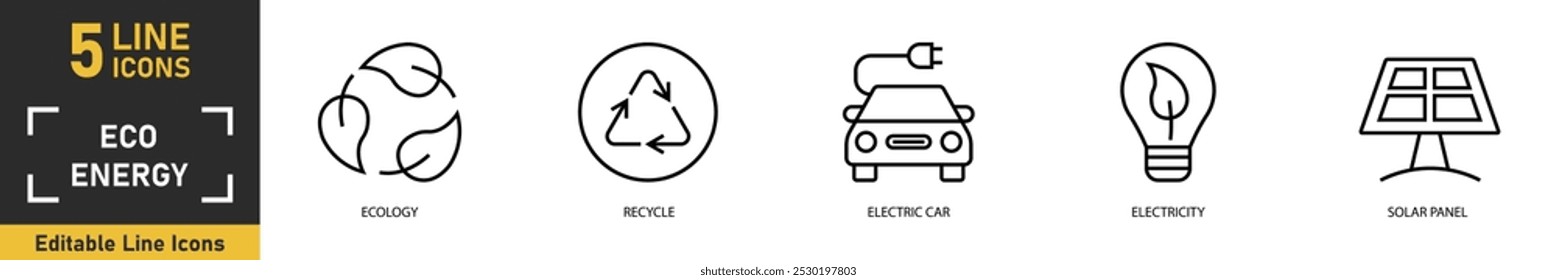 Ecology Energy line icon set. Set of 5 outline icons related to ecology, recycle, electric car, electricity, solar panel and more. Vector illustration.