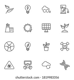 Ecology energy line icons set, outline vector symbol collection, linear style pictogram pack. Signs, logo illustration. Set includes icons as eco leaf, green energy, charging station, solar panel, co2