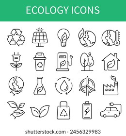 ecology and energy outline icons isolated on white background. conservation saving support and solution. environment and sustainable concept. vector illustration flat design. 