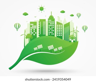 ecology energy sustainable green city on leaf white background. world earth day and environment development. save the world. environmentally friendly. vector illustration in flat style.