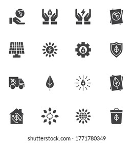 Ecology energy vector icons set, modern solid symbol collection, filled style pictogram pack. Signs logo illustration. Set includes icons - solar panel, earth planet, recycle bin, eco renewable energy