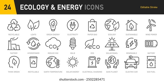 Ecology and Energy web icons in line style. Nature green, electric car, organic, renewable energy, green technology, environmental energy collection. Vector illustration.