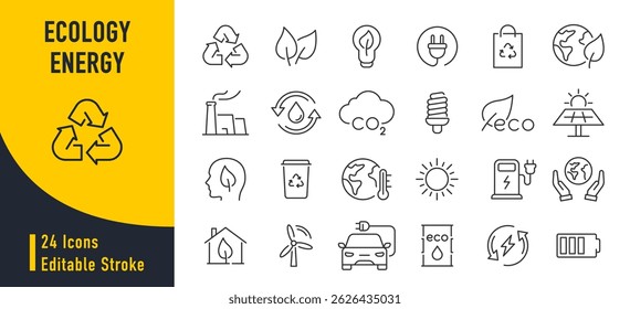 Ecology and Energy web icons in line style. Nature green, electric car, organic, renewable energy, green technology, environmental energy collection. Vector illustration.