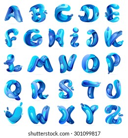 Ecology English Alphabet With Blue Water Splash And Drops. Font Style, Vector Design Template Elements.