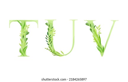 Ecology english alphabet letters. Green leaves font. T,U,V letters cartoon vector illustration