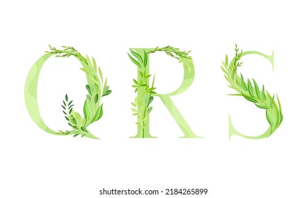 Ecology english alphabet letters. Green leaves font. Q,R,S letters cartoon vector illustration