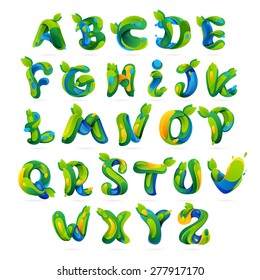 Ecology english alphabet letters with leaves and water drops set. Font style, vector design template elements.