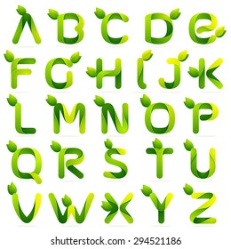 Ecology english alphabet letters with leaves set. Vector design template elements an icon for your ecology application or company