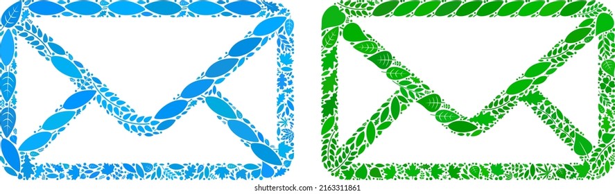 Ecology envelope icon collage of herbal leaves in green and natural color tinges. Ecological environment vector template for envelope icon. Envelope vector image is formed of green herbal elements.