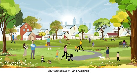 Ecology and Environment background,Spring landscape with lifestyle of People relaxing in nature City park,Modern house with solar panels and Blue sky cloud in sunny day Spring or Summer