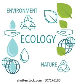 Ecology and environment banner or placard with flat symbols. Vector illustration