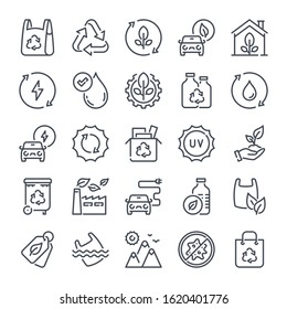 Ecology and Environment bold line icon set. Eco friendly and alternative energy sources linear icons. Recycle and nature outline vector sign collection.