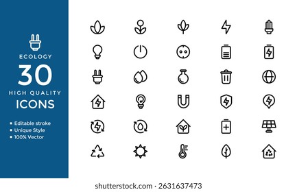 Ecology and Environment Care Icons – Nature Protection, Recycling and Sustainability (Vector Outline)