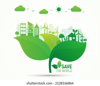 ecology and environment with city and home on leaf. save the world concept. vector illustration in flat style modern design. solar panels and wind turbines renewable energy.