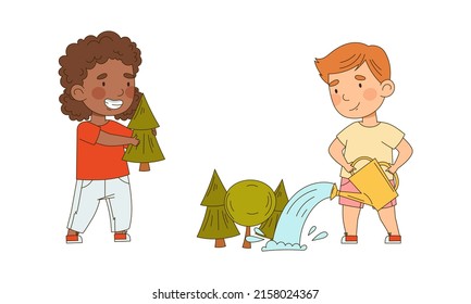 Concepto de ecología y medio ambiente. Dibujo vectorial de niños y niñas que plantan árboles