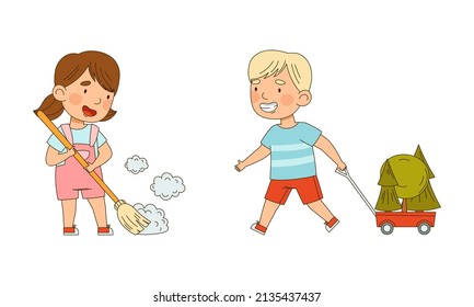 Ecology and environment concept. Cute kids sweeping and planting trees vector illustration
