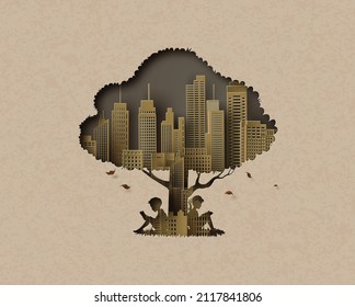 Ecology and environment concept  with  frame of child reading a book under the big tree,Paper cut style.