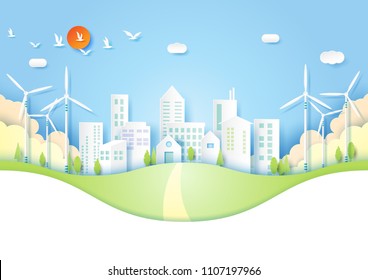 Ecology And Environment Concept With Green Eco Urban City Paper Art Style.Vector Illustration.