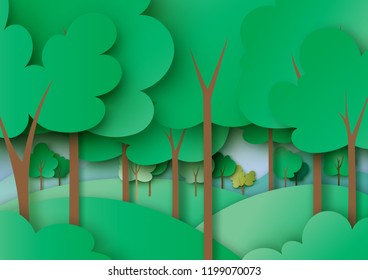 Ecology and environment concept with green forest and nature landscape background paper art background.Vector illustration.