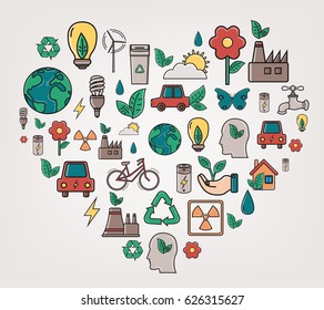 Ecology and environment concept. Heart shape ecology icons. Hand drawn illustration. Vector.