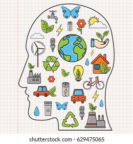 Ecology and environment concept. Heart shape ecology icons. Hand drawn illustration. Vector.