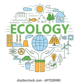 Ecology and environment concept illustration, thin line flat design. Modern thin line icons set of ecology, sustainable technology, renewable energy, recycling, nature, protection of flora and fauna.