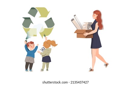 Ecology and environment concept. People protecting, taking care of nature and sorting waste vector illustration