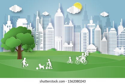 Ecology and environment conservation  city and nature landscape background,Save the earth and world environment day concept with family on park,Paper art style.